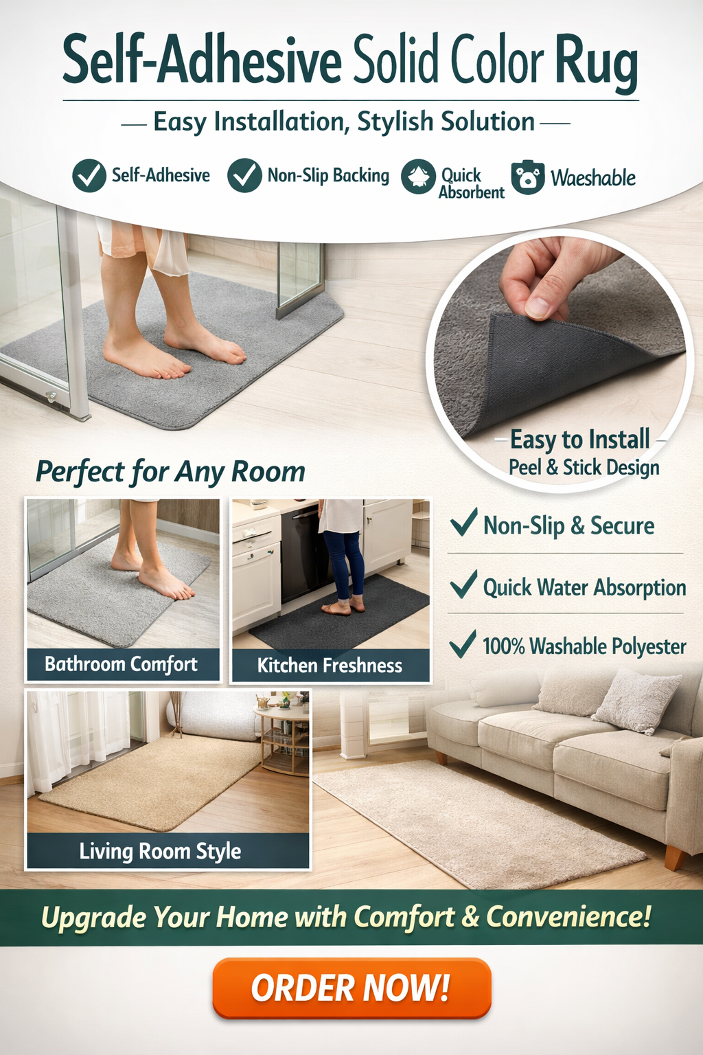 Solid Color Rug – Non-Slip Bathroom, Kitchen & Living Room Floor Mat | UK