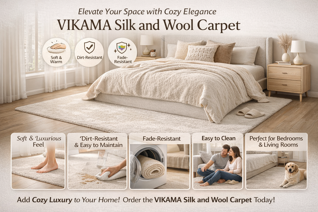 Shop the VIKAMA Silk and Wool Carpet. Soft, warm, and dirt-resistant. Ideal for your bedroom, living room, or bedside. Easy to clean and eco-friendly.
