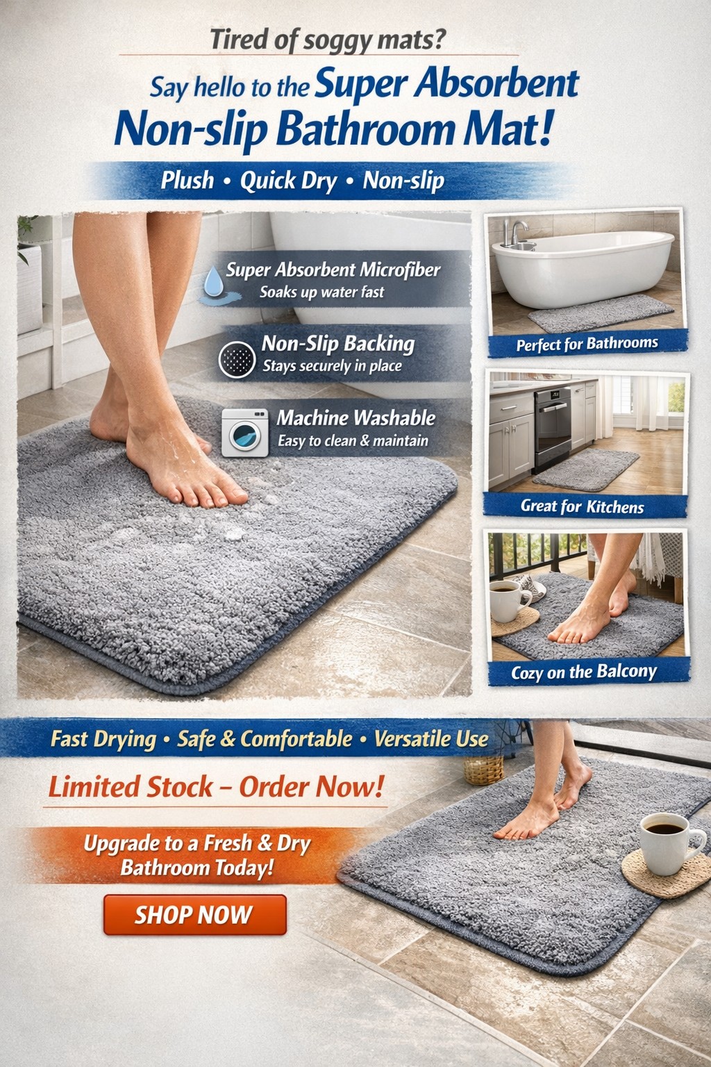 Super Absorbent Non-slip Bathroom Mat – Plush Quick Dry Rug for Tub & Balcony | UK