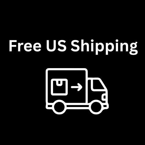 Free US Shipping text with a delivery truck icon on a black background