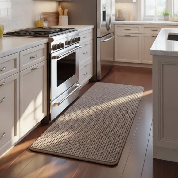 Kitchen with a long woven rug on the floor, appliances, and cabinets.