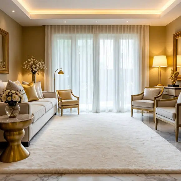 Modern living room with beige sofa, armchairs, and decorative elements.
